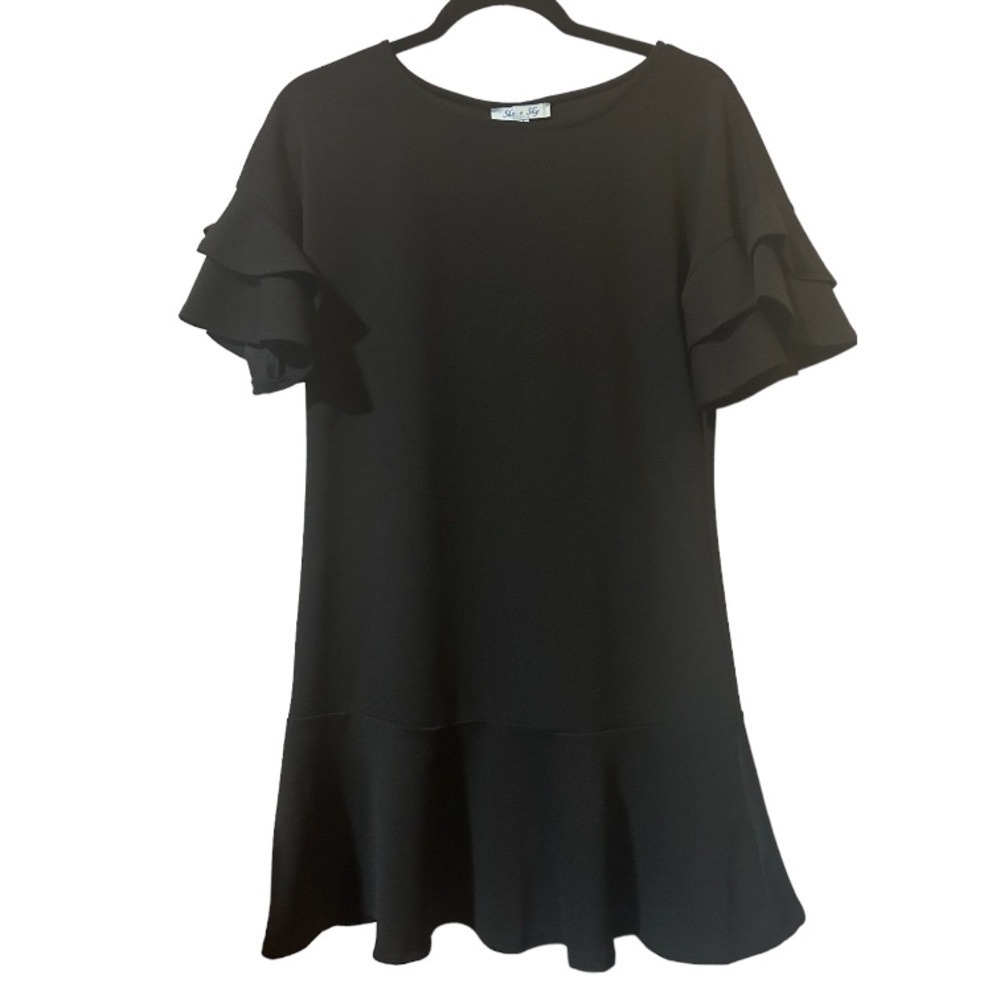 She + Sky Black Ruffle Sleeve Flared Mini Dress